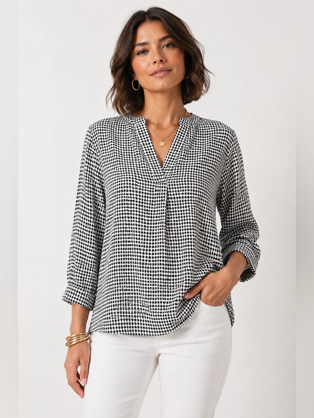 Talbots Popover Blouse Graphic Pattern Long Sleeve Black And White